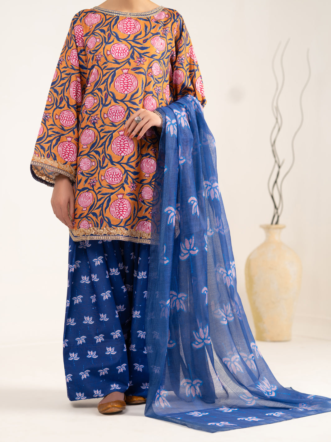 Mustard Blue Raw Silk 3Pc Unstitched - ALP-3PS-2442
