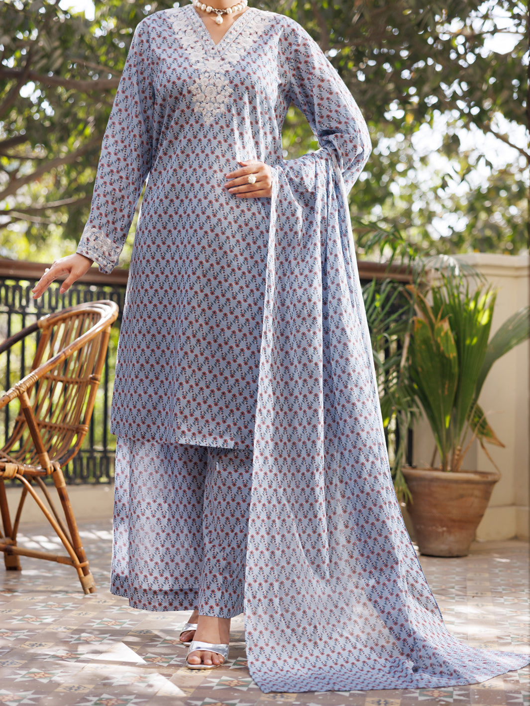 Sky Blue Cotton Stitched 3PC - ALP-3PS-2571