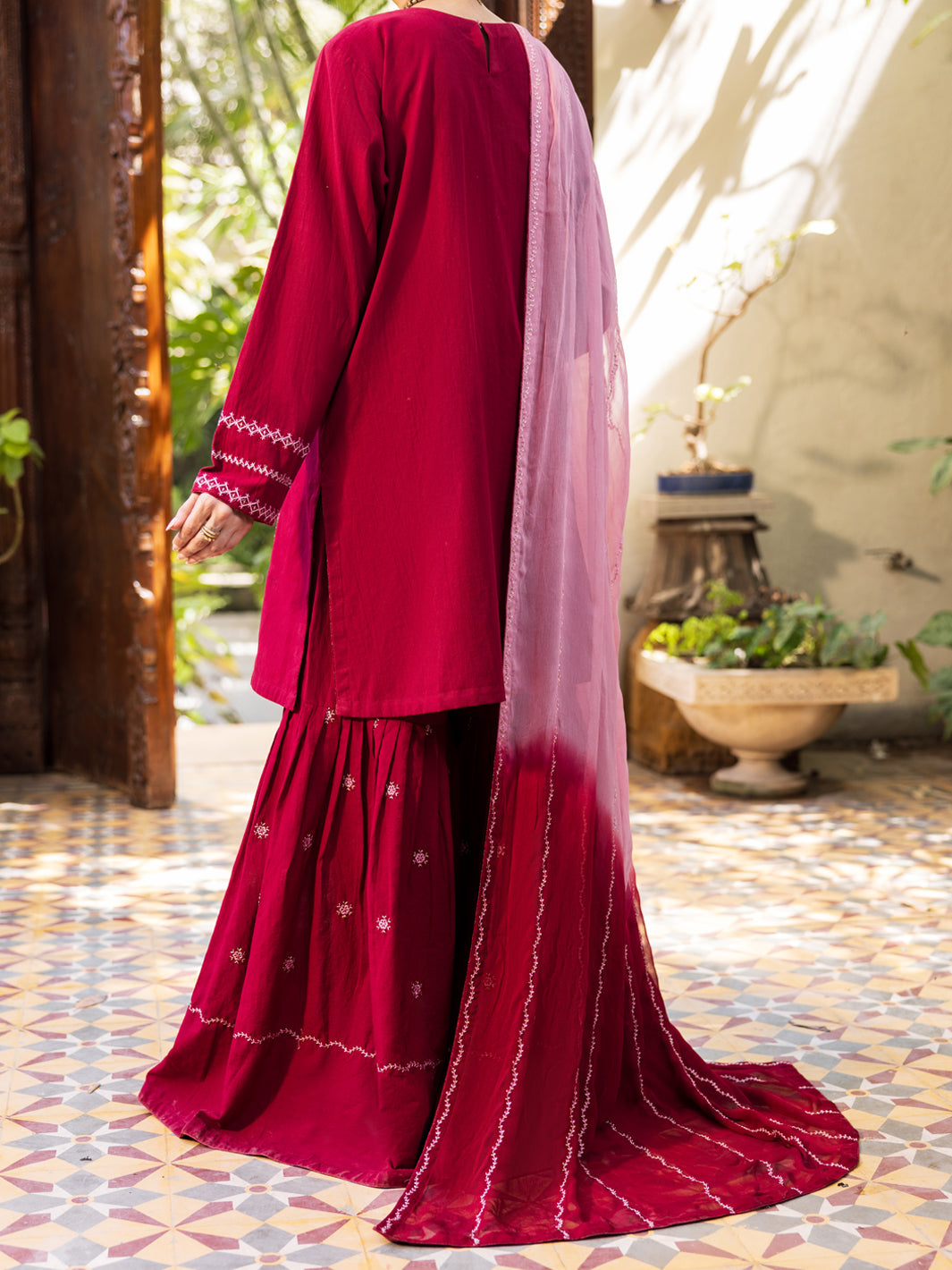 Maroon Cambric Stitched 3Pc- ALP-3PS-2599