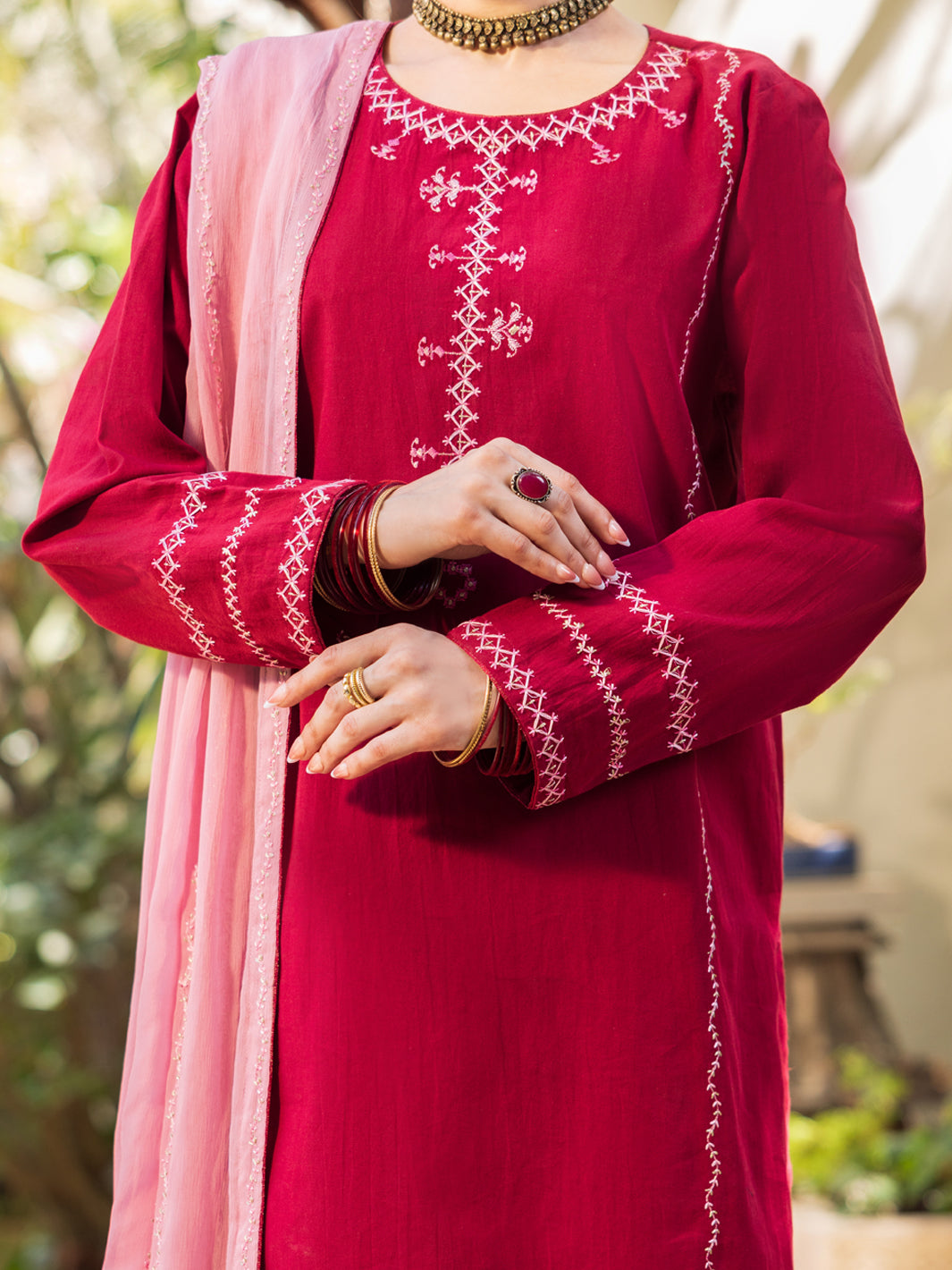 Maroon Cambric Stitched 3Pc- ALP-3PS-2599