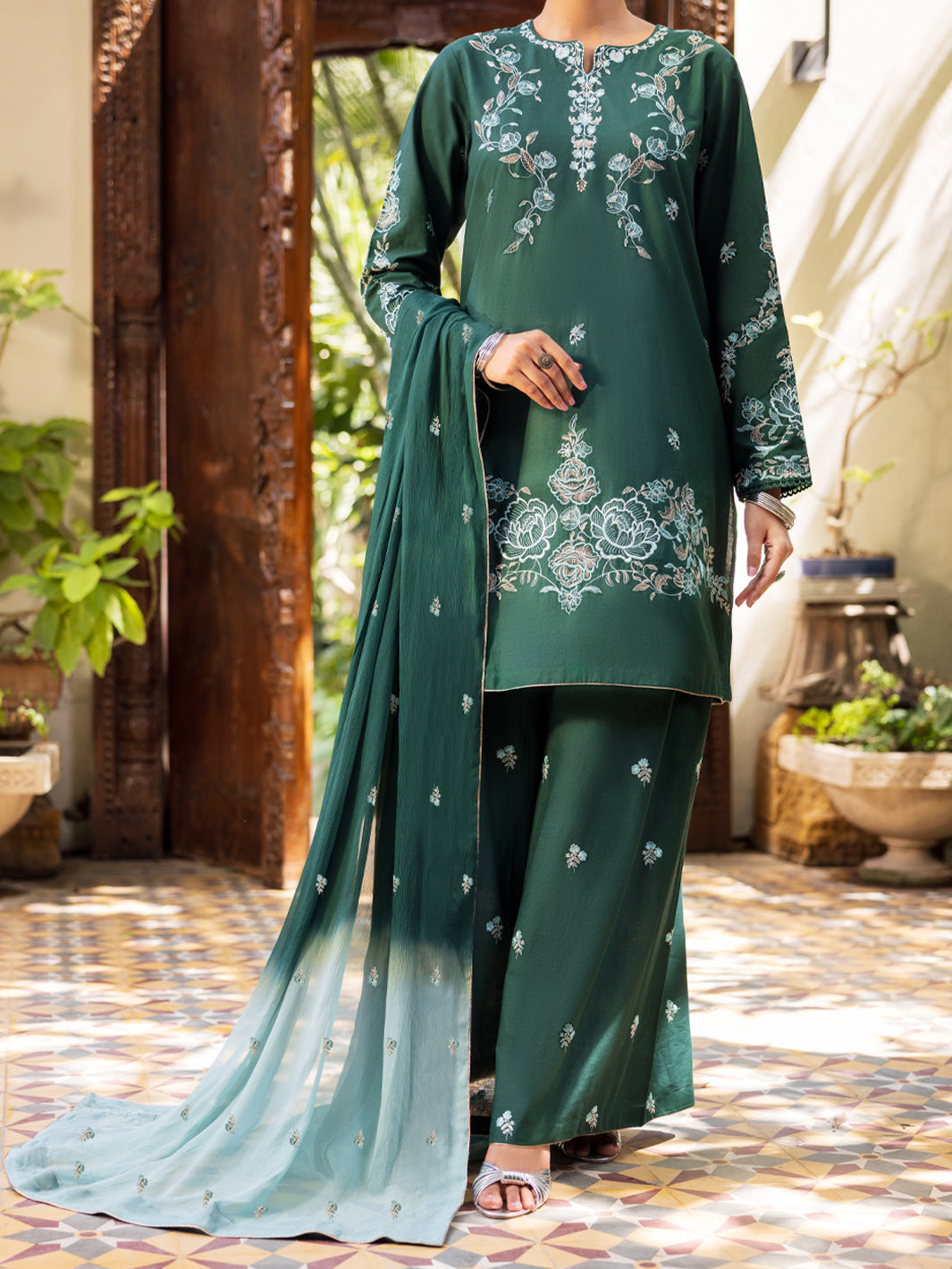 Green Cambric Stitched 3Pc - ALP-3PS-2600