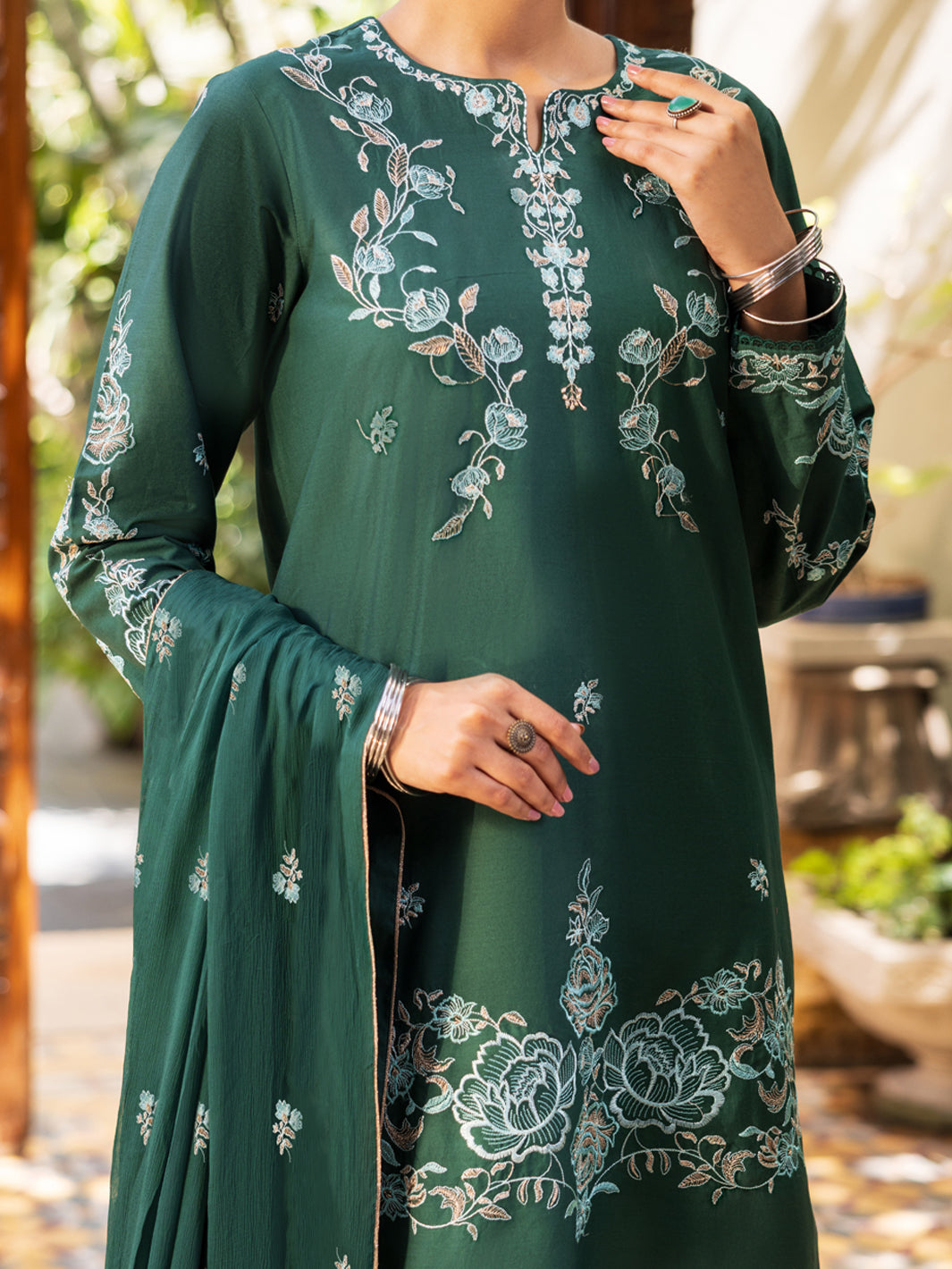 Green Cambric Stitched 3Pc - ALP-3PS-2600