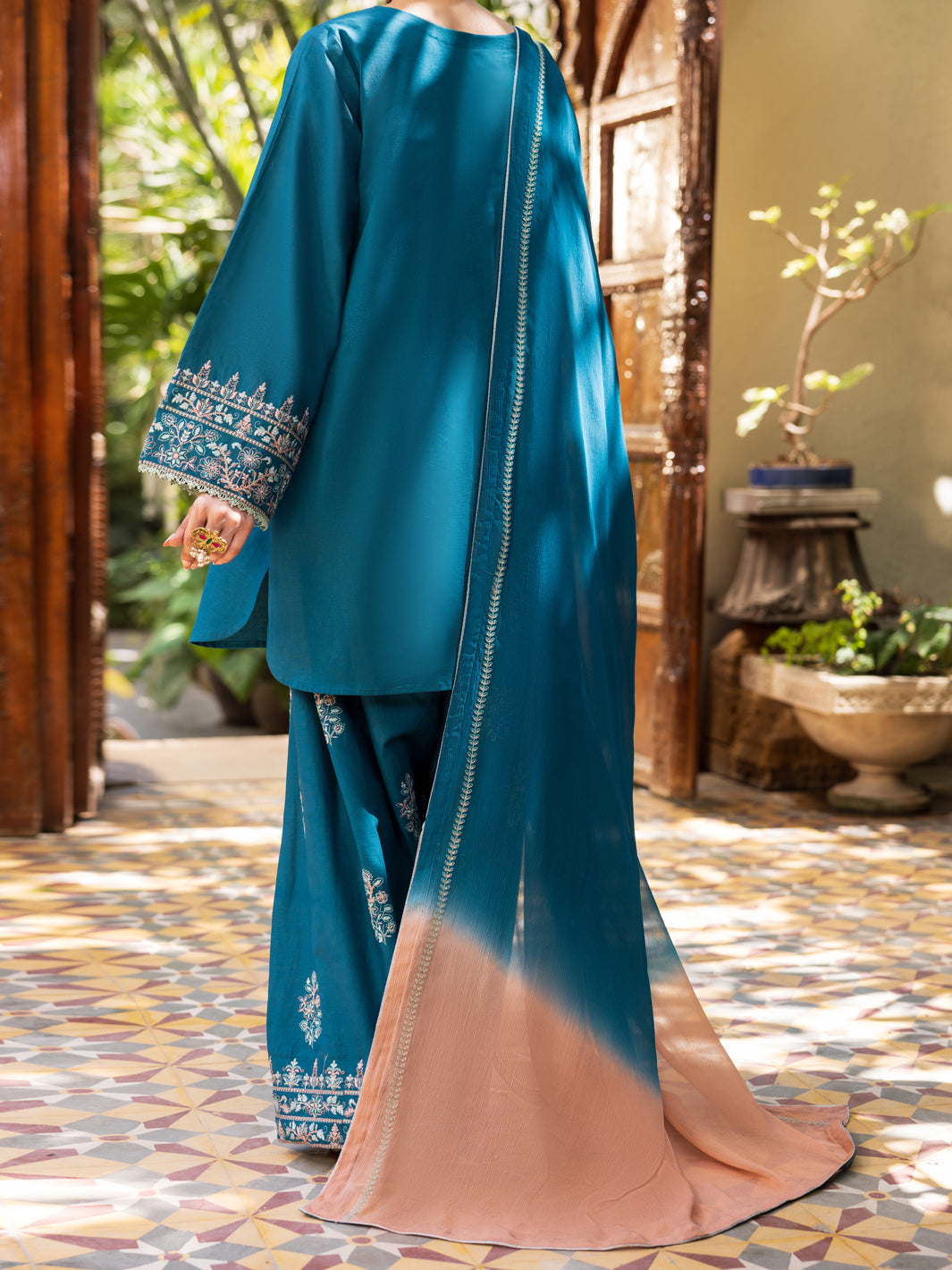 Turquoise Cambric Stitched 3Pc- ALP-3PS-2602
