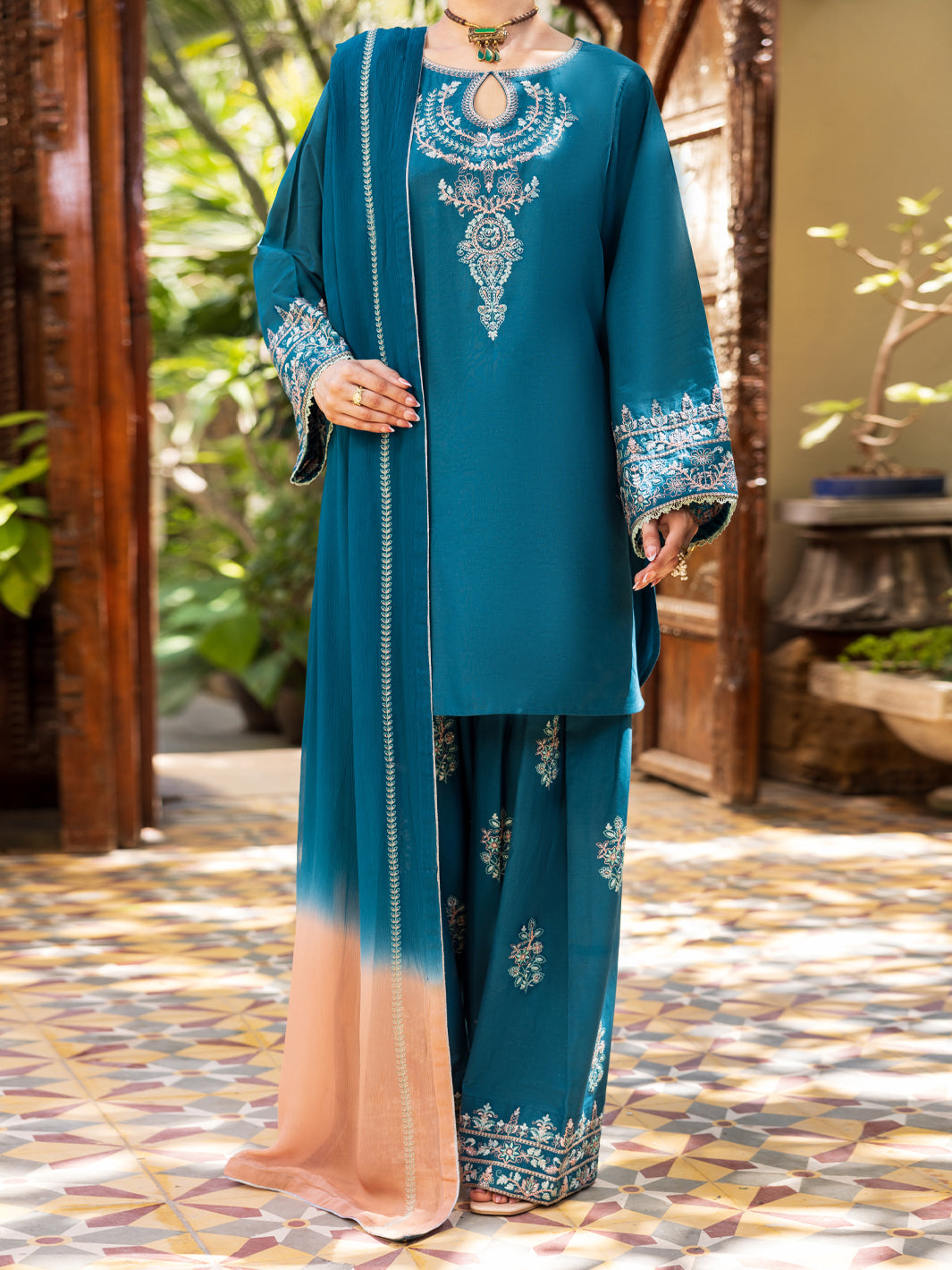 Turquoise Cambric Stitched 3Pc- ALP-3PS-2602