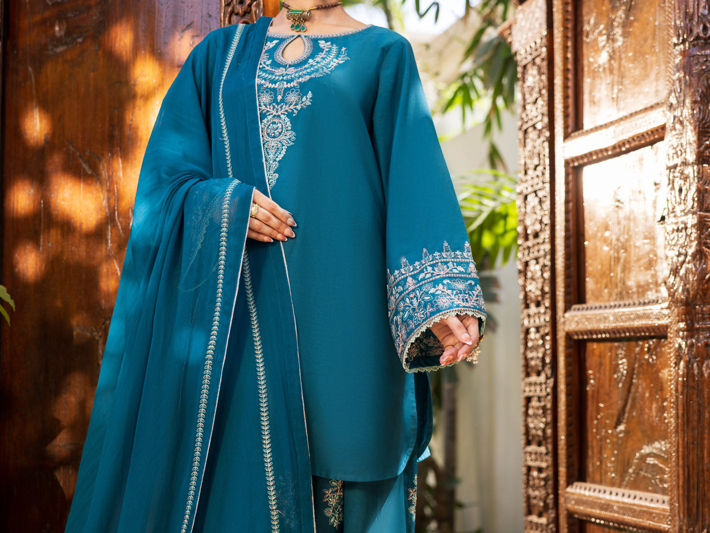 Turquoise Cambric Stitched 3Pc- ALP-3PS-2602