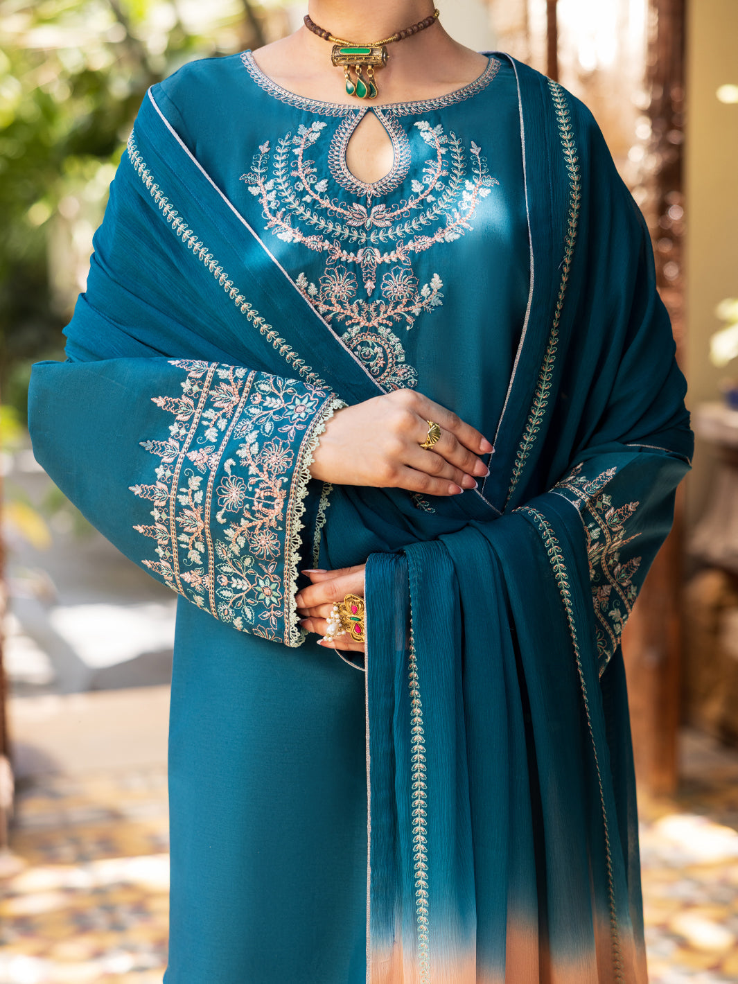 Turquoise Cambric Stitched 3Pc- ALP-3PS-2602