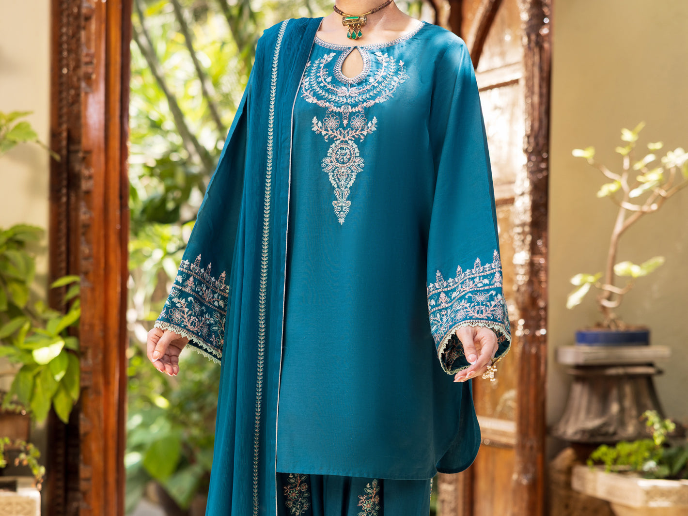 Turquoise Cambric Stitched 3Pc- ALP-3PS-2602