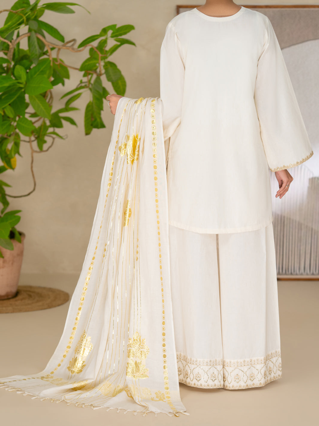 Off White Yarn Dyed Lurex Stitched 3Pc- ALP-3PS-2616