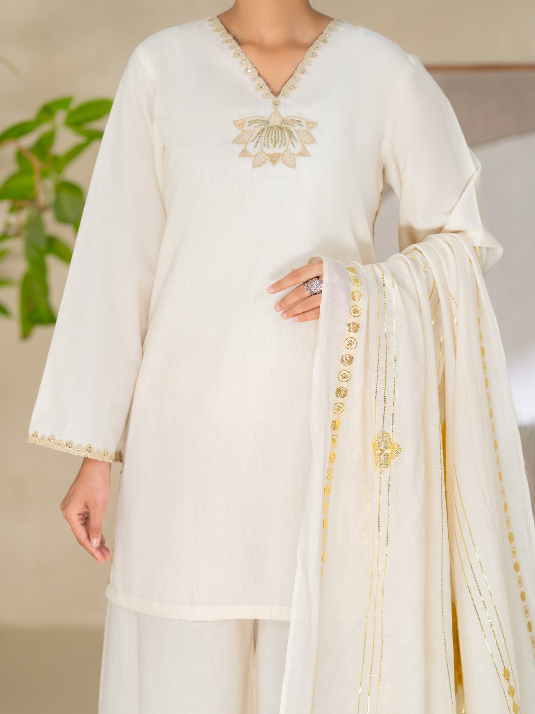 Off White Yarn Dyed Lurex Stitched 3Pc- ALP-3PS-2616