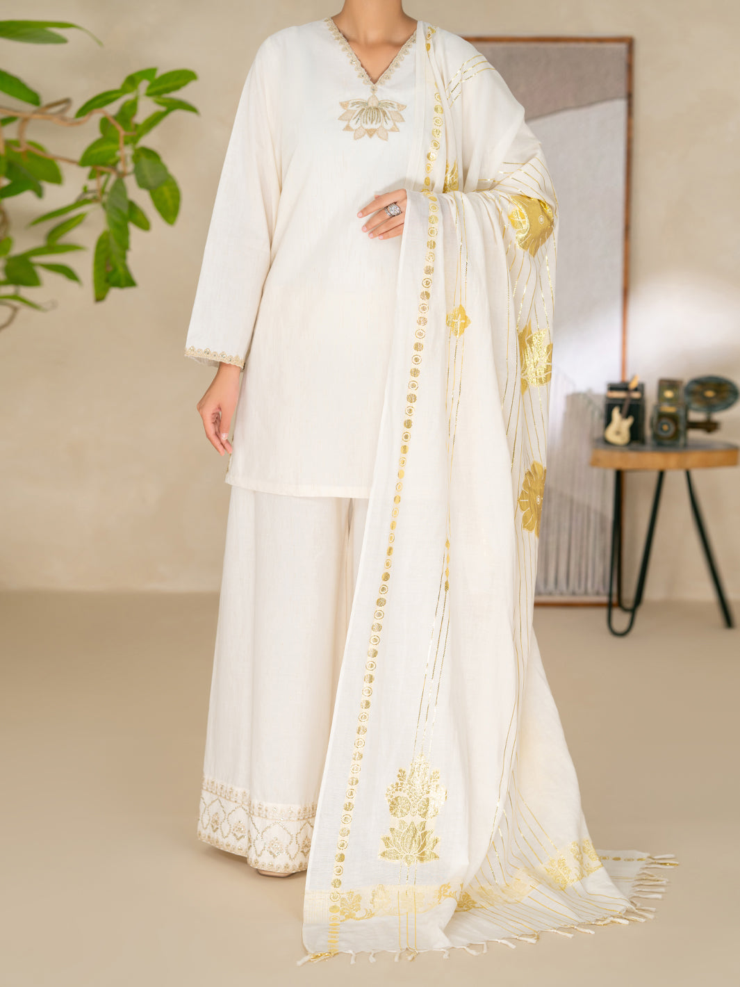 Off White Yarn Dyed Lurex Stitched 3Pc- ALP-3PS-2616