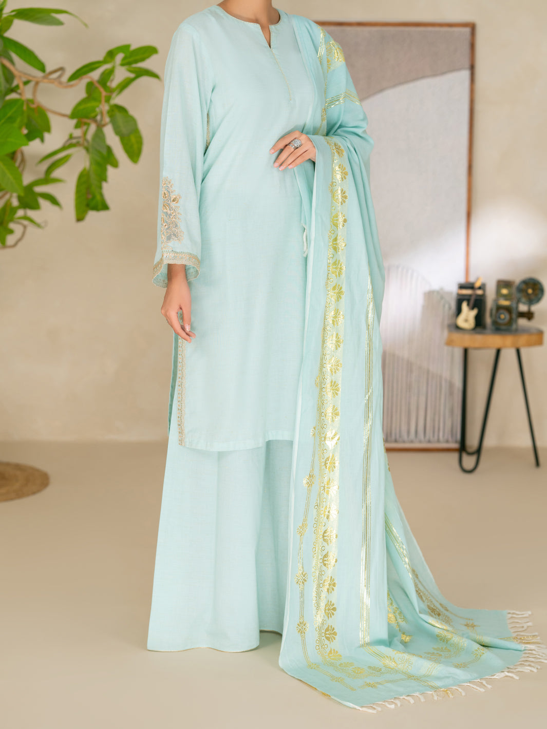 Sky Blue Yarn Dyed Lurex Stitched 3Pc - ALP-3PS-2617