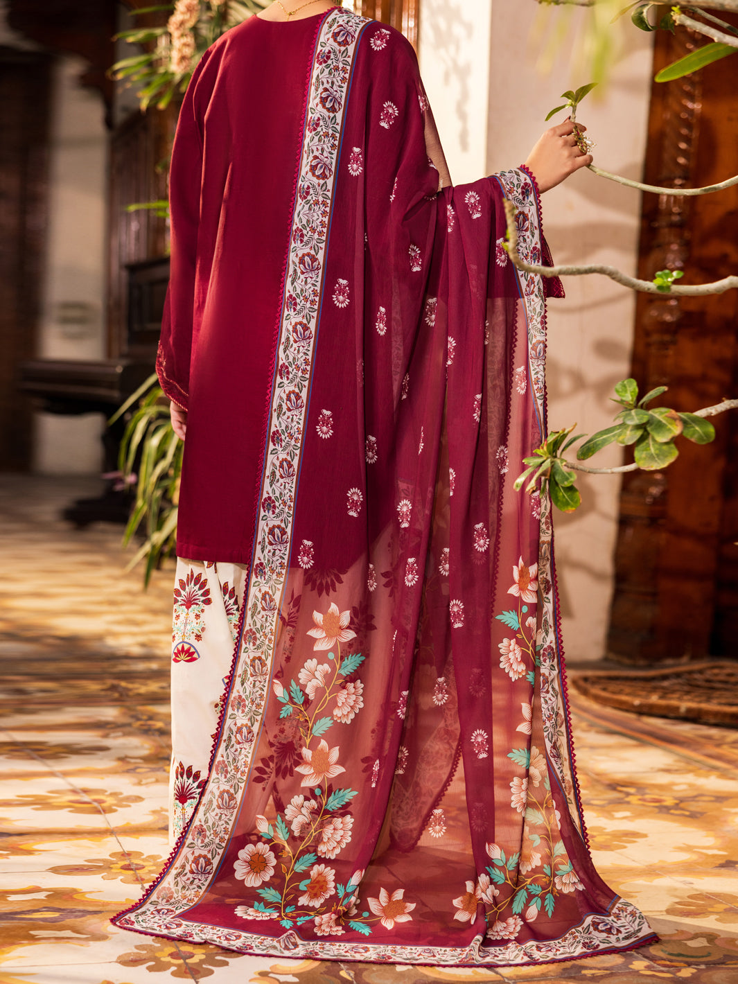 Maroon Cambric Stitched 3Pc - ALP-3PS-2629