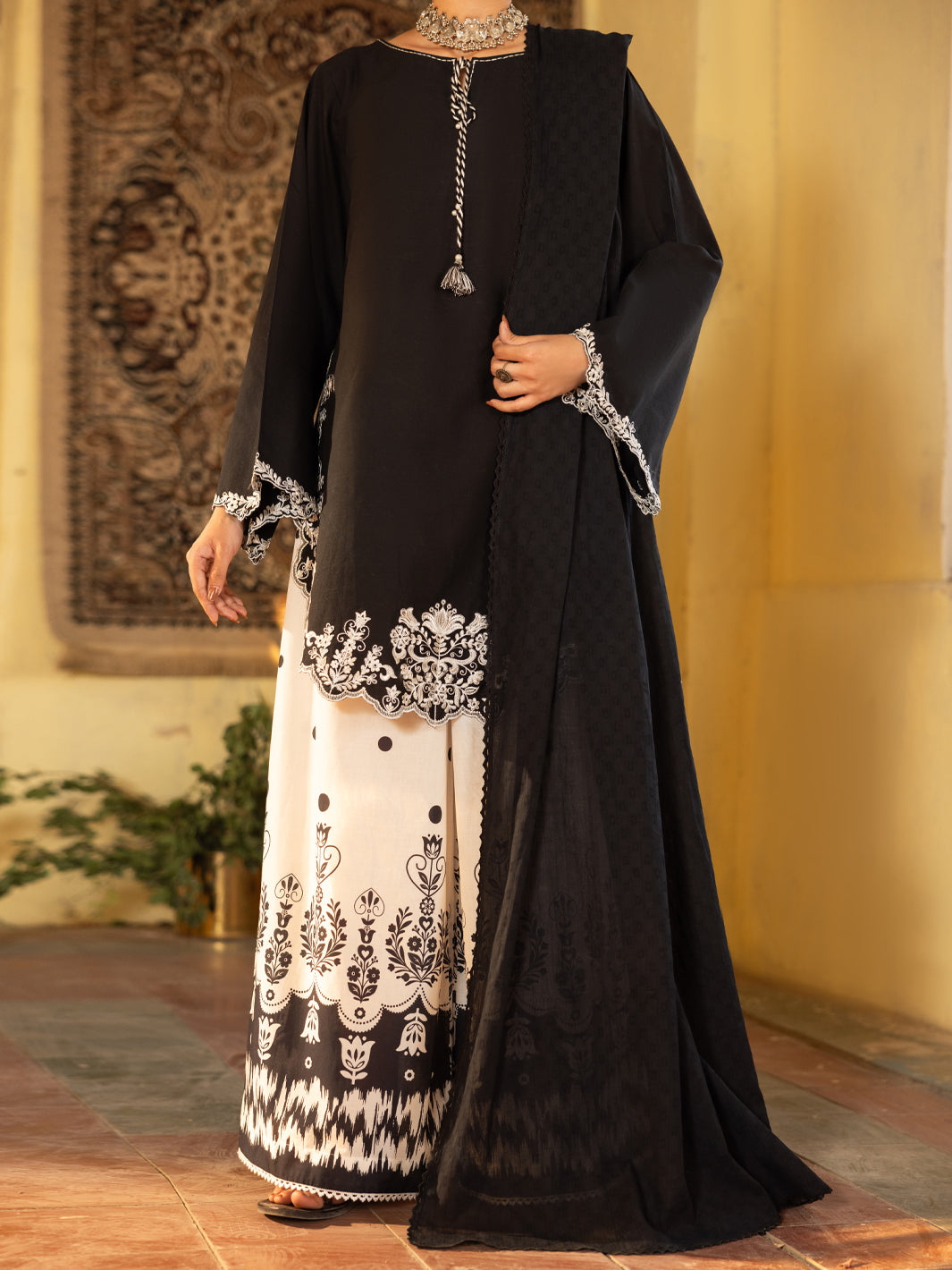 Black & White Cambric Stitched 3Pc - ALP-3PS-2636