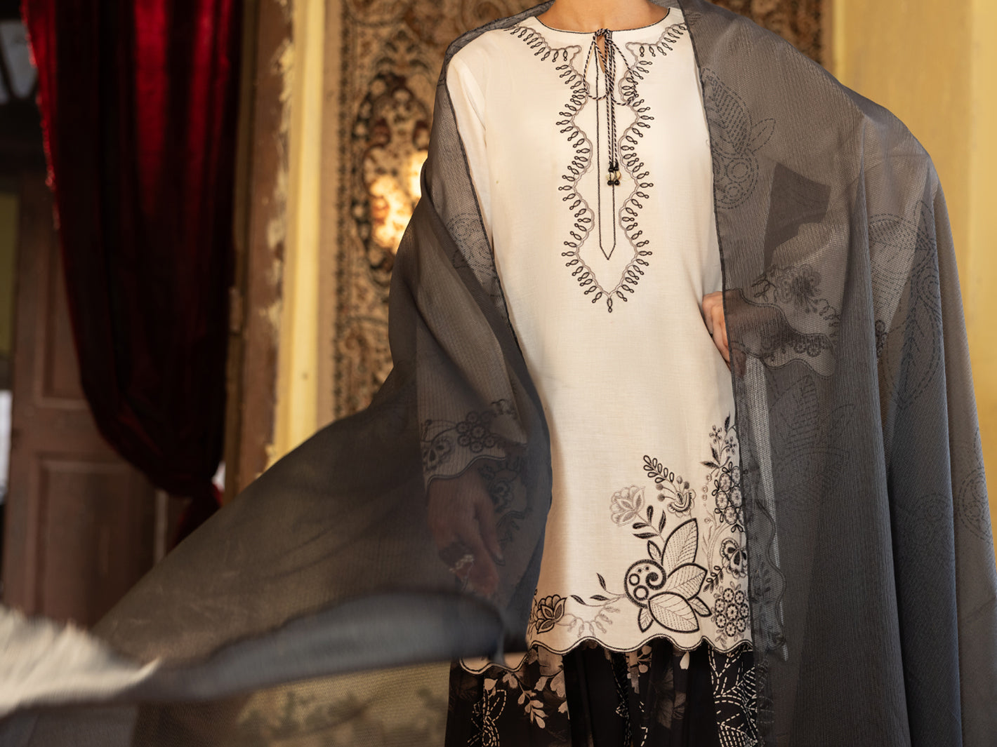 Black White Cambric Stitched 3Pc - ALP-3PS-2638