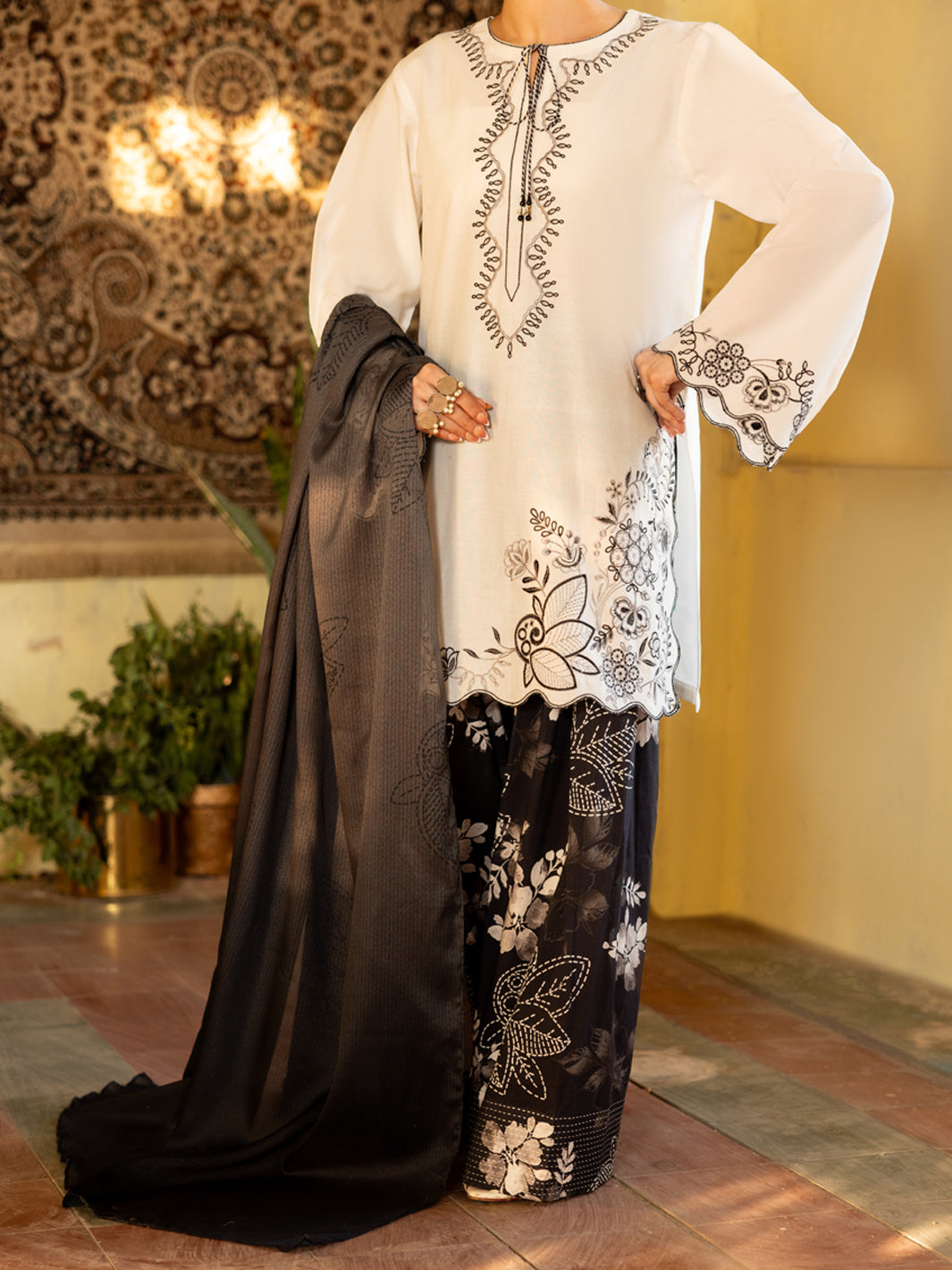 Black White Cambric Stitched 3Pc - ALP-3PS-2638