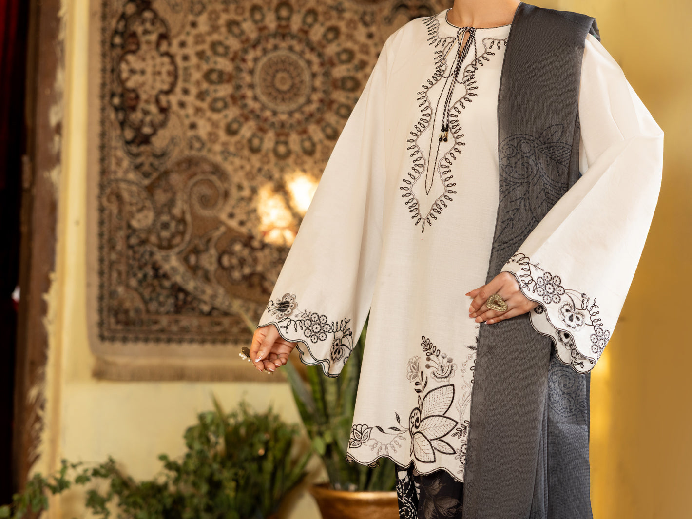Black White Cambric Stitched 3Pc - ALP-3PS-2638