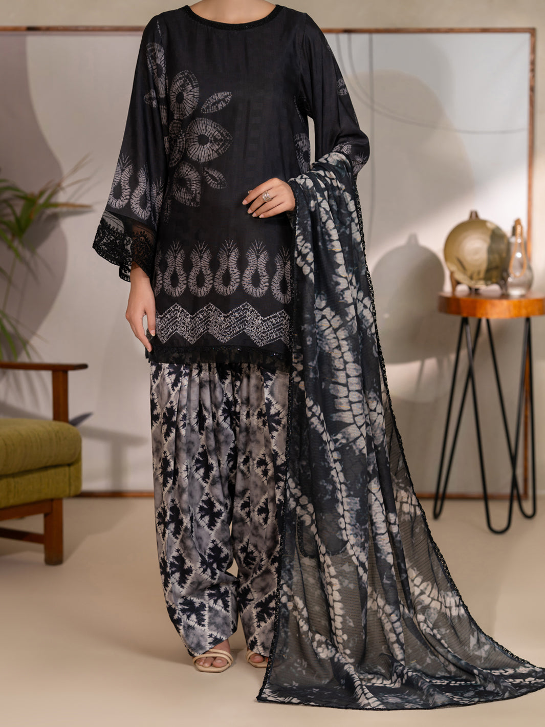 Black Swiss Jacquard Unstitched 3PC - ALP-3PS-2727