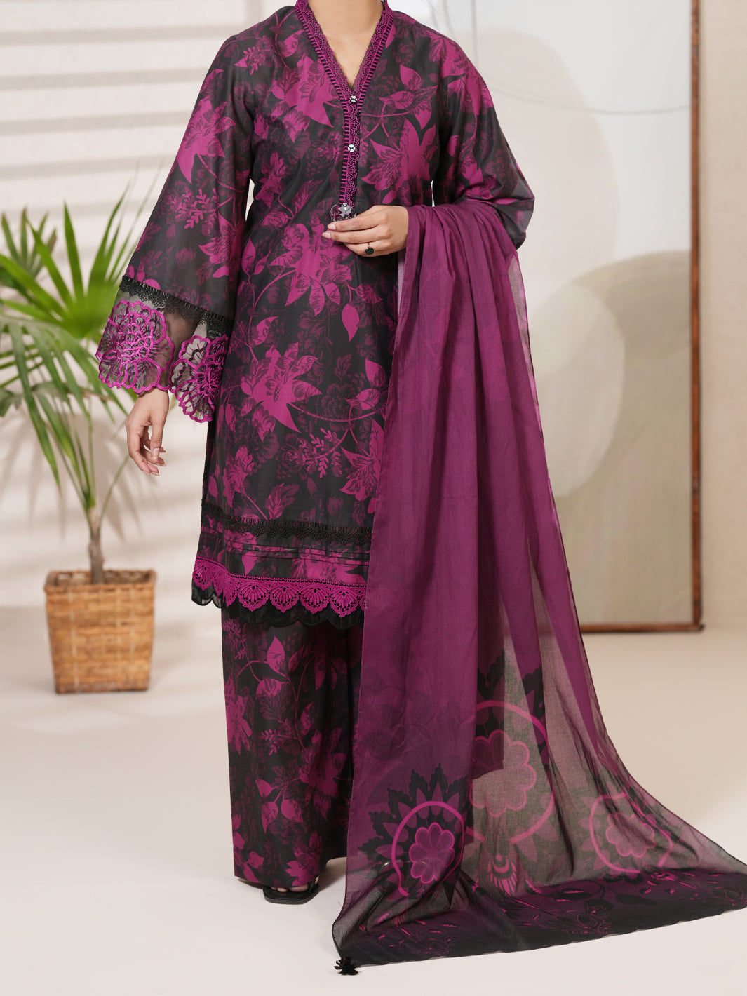Magenta Cambric Unstitched 3 Piece - ALP-3PS-2749