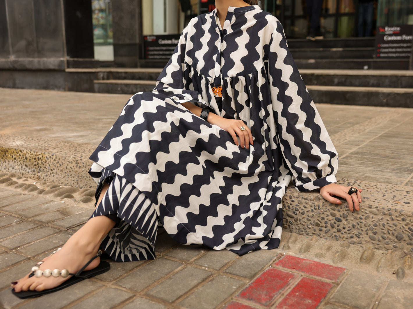 Black White Lawn Kurti - ALP-SLK-2543