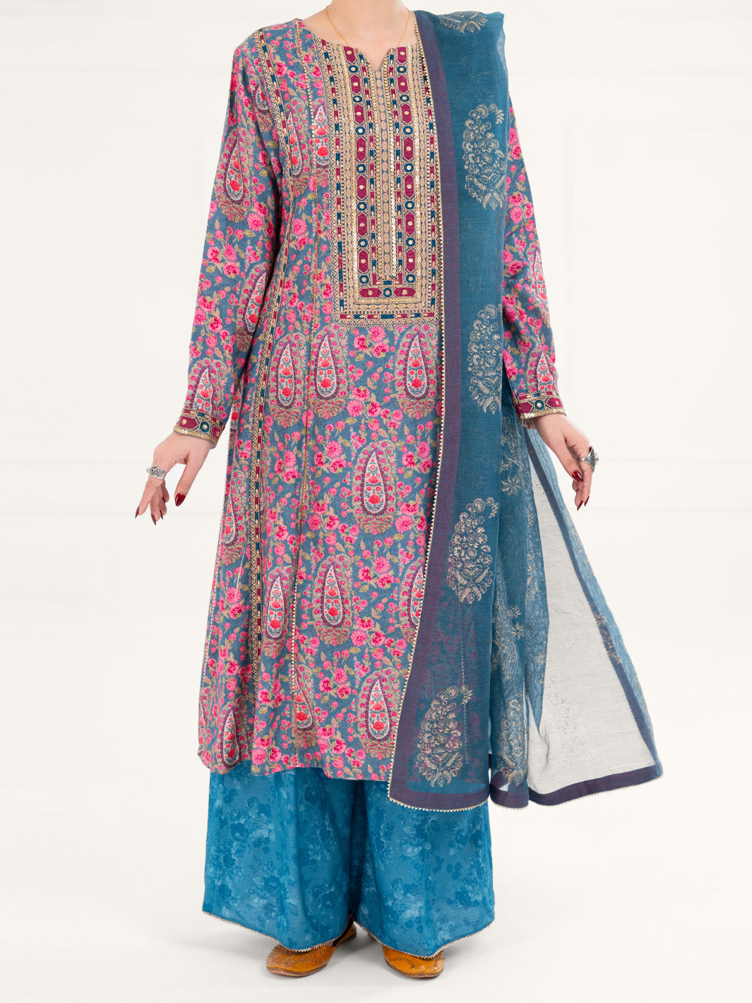 Teal Poly-Raw Silk 3Pc Stitched - AWP-3PS-756