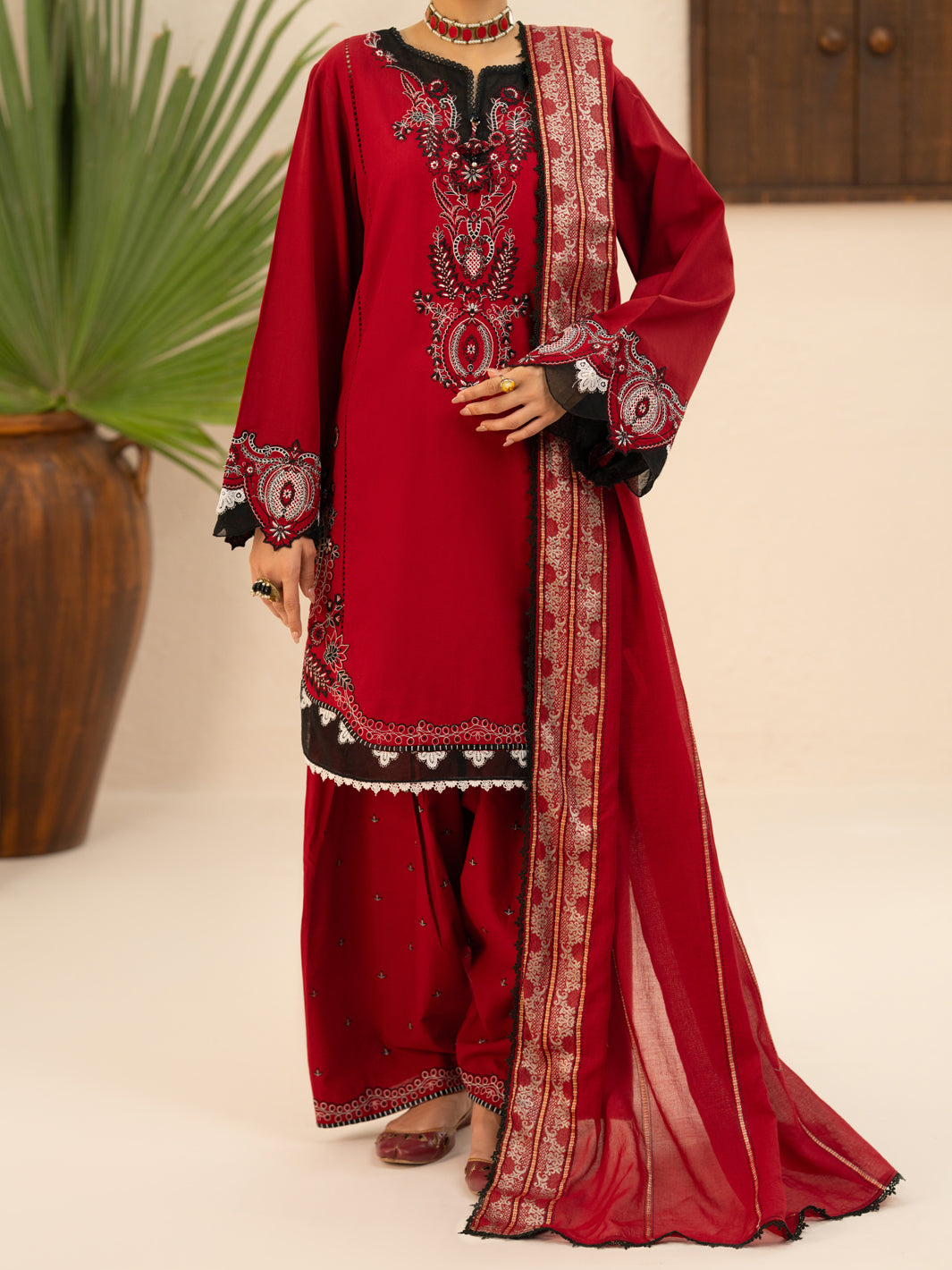 Red Cotton Cambric 3Pc Stitched - AWP-3PS-951