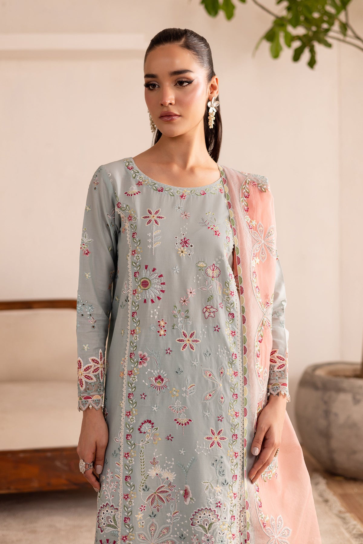 Across The Ocean 3Pc - Embroidered Solid Dress