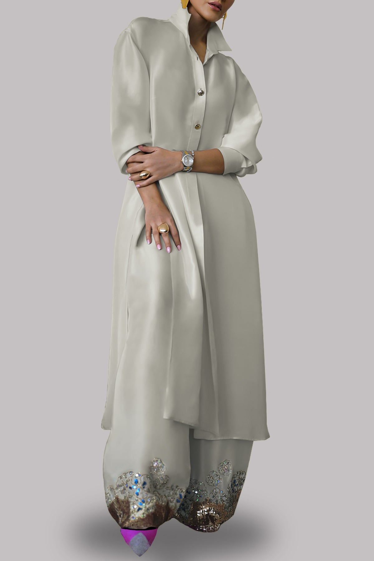 Egret Embellished Raw Silk Set