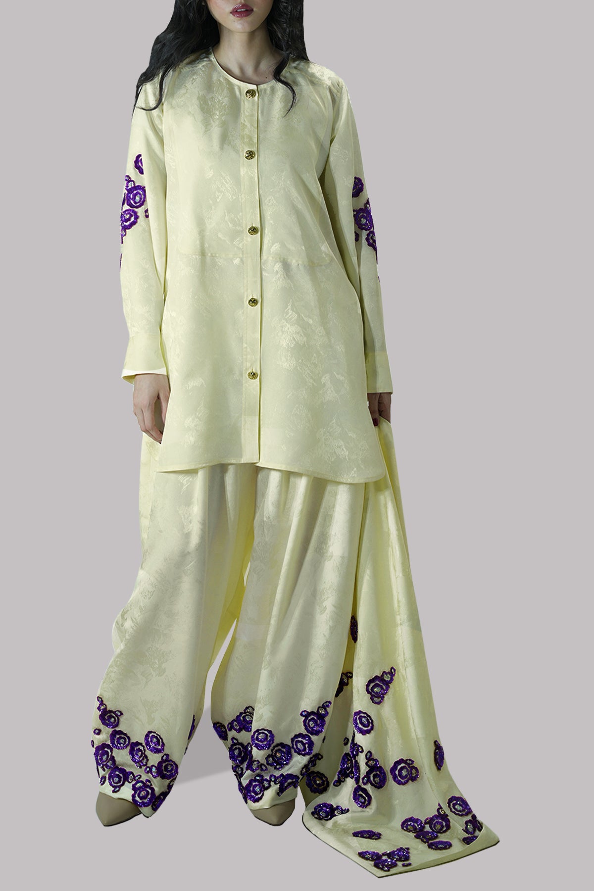 Off White Italian Embossed Tunic Set