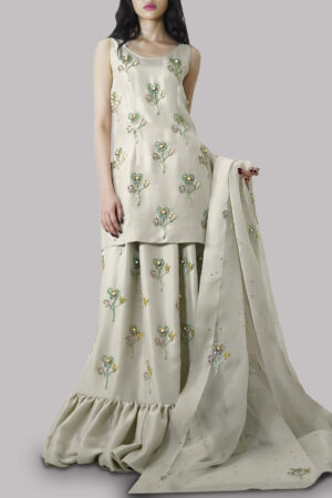 White Swan Embellished Raw Silk Skirt Set