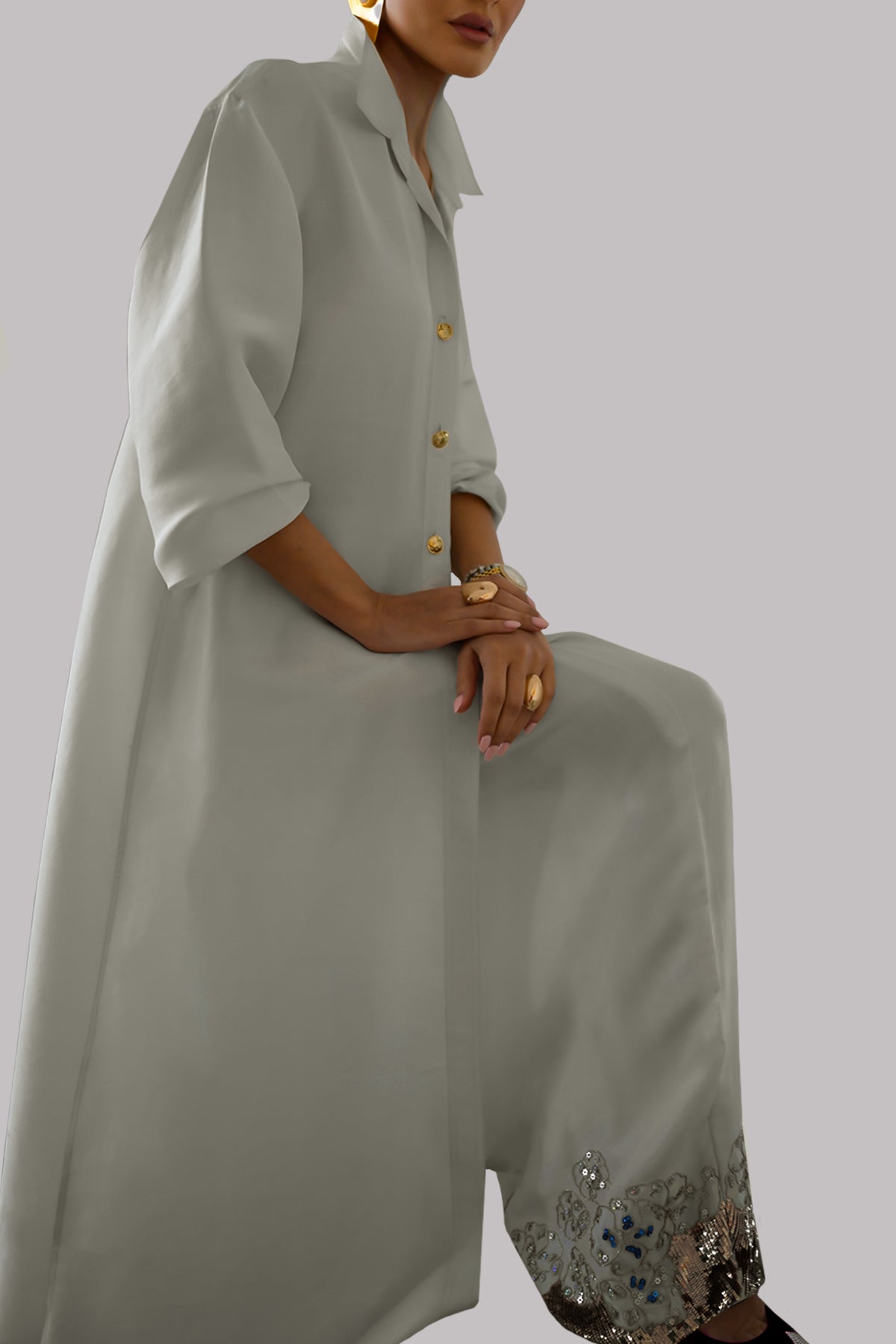 Egret Embellished Raw Silk Set