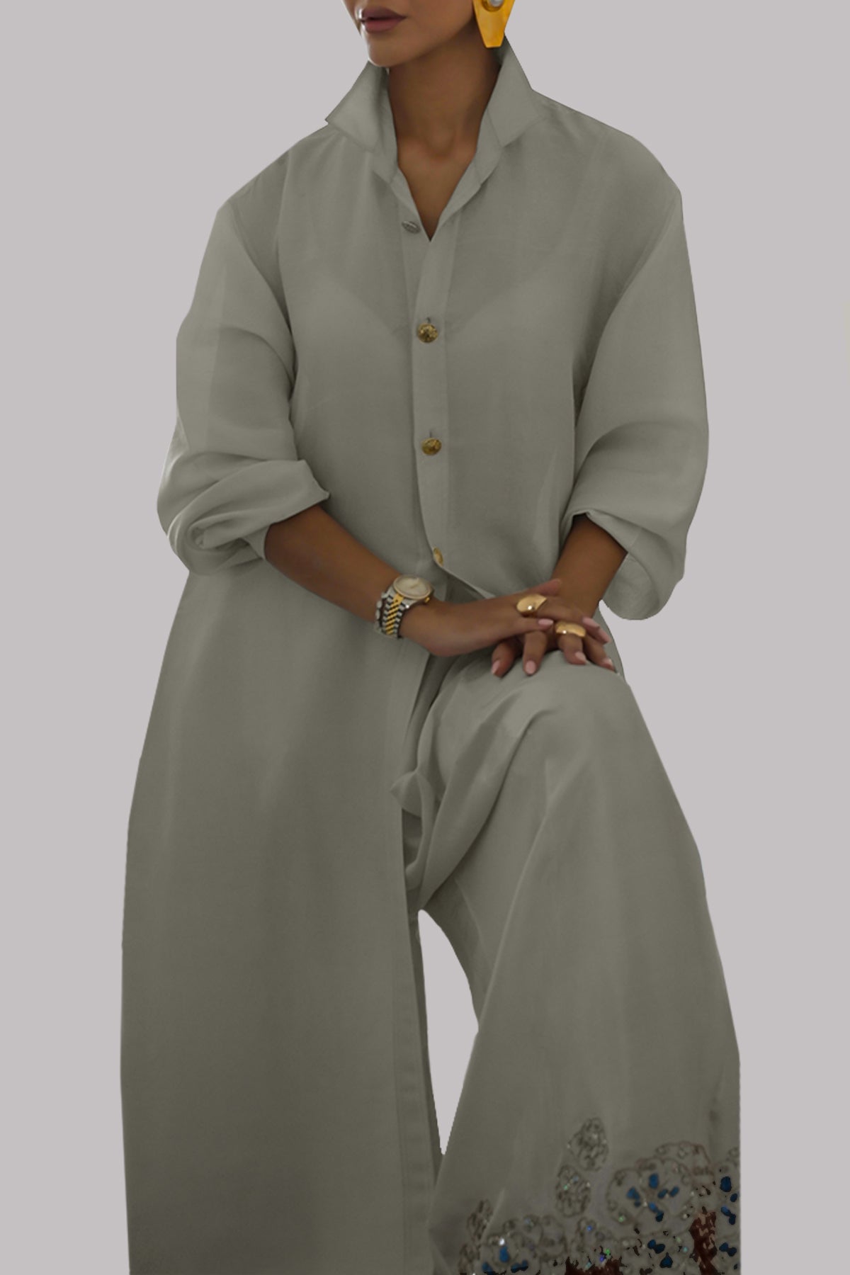 Egret Embellished Raw Silk Set