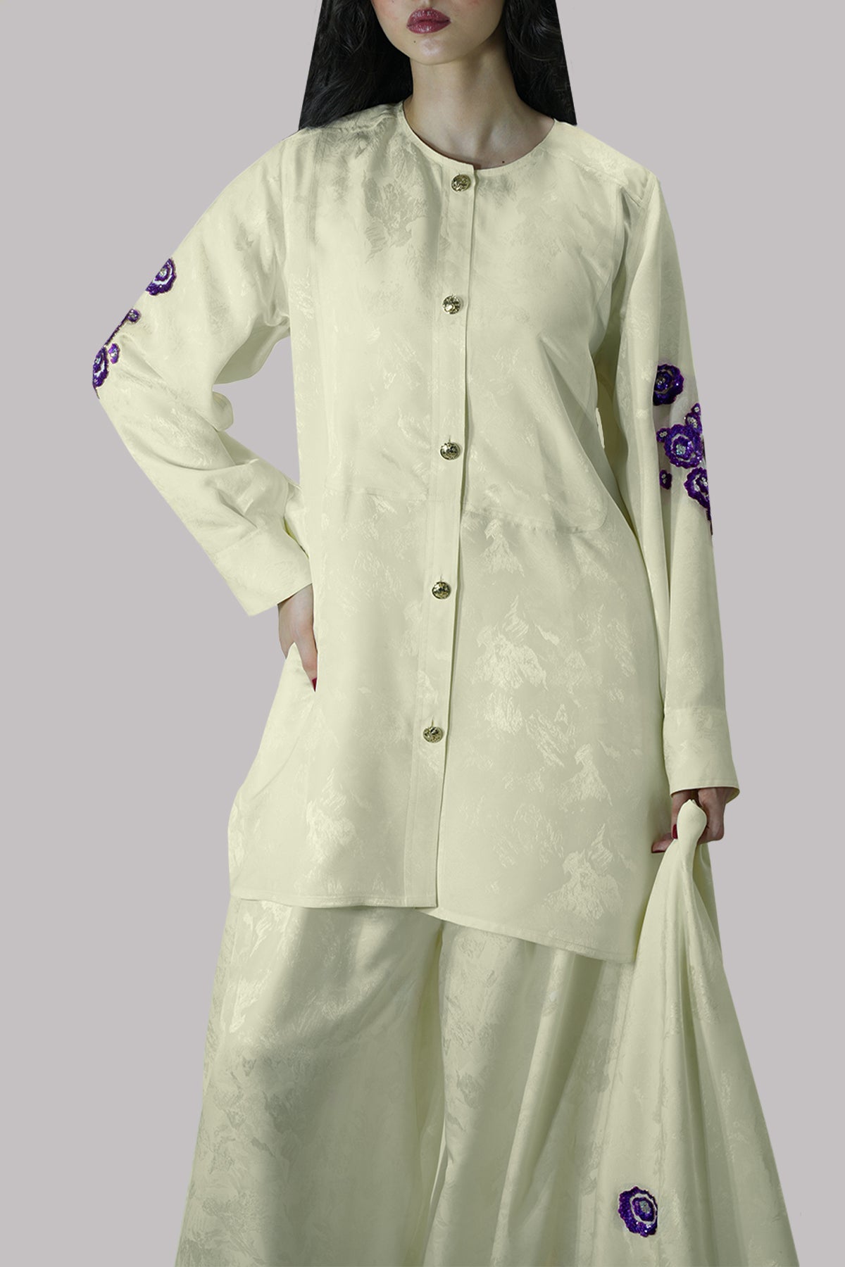 Off White Italian Embossed Tunic Set