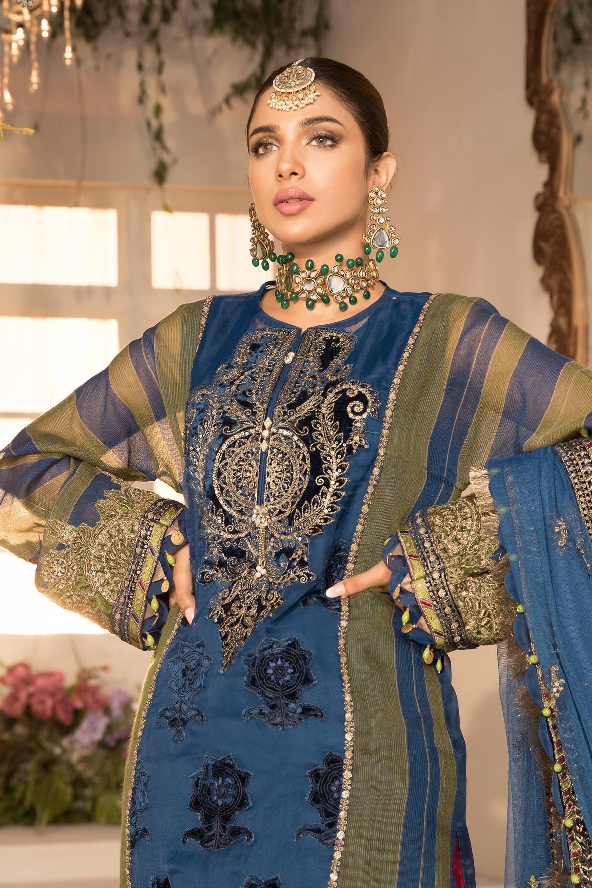 Unstitched MBROIDERED - Blue Olive green with deep Coral Pink (BD-2104)