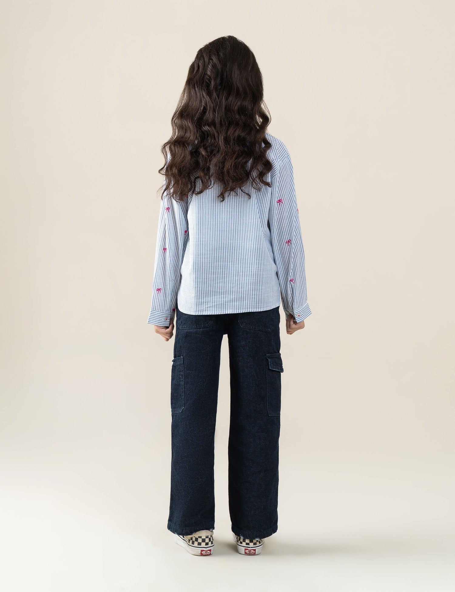 STRIPED EMBROIDERED BUTTON DOWN TOP