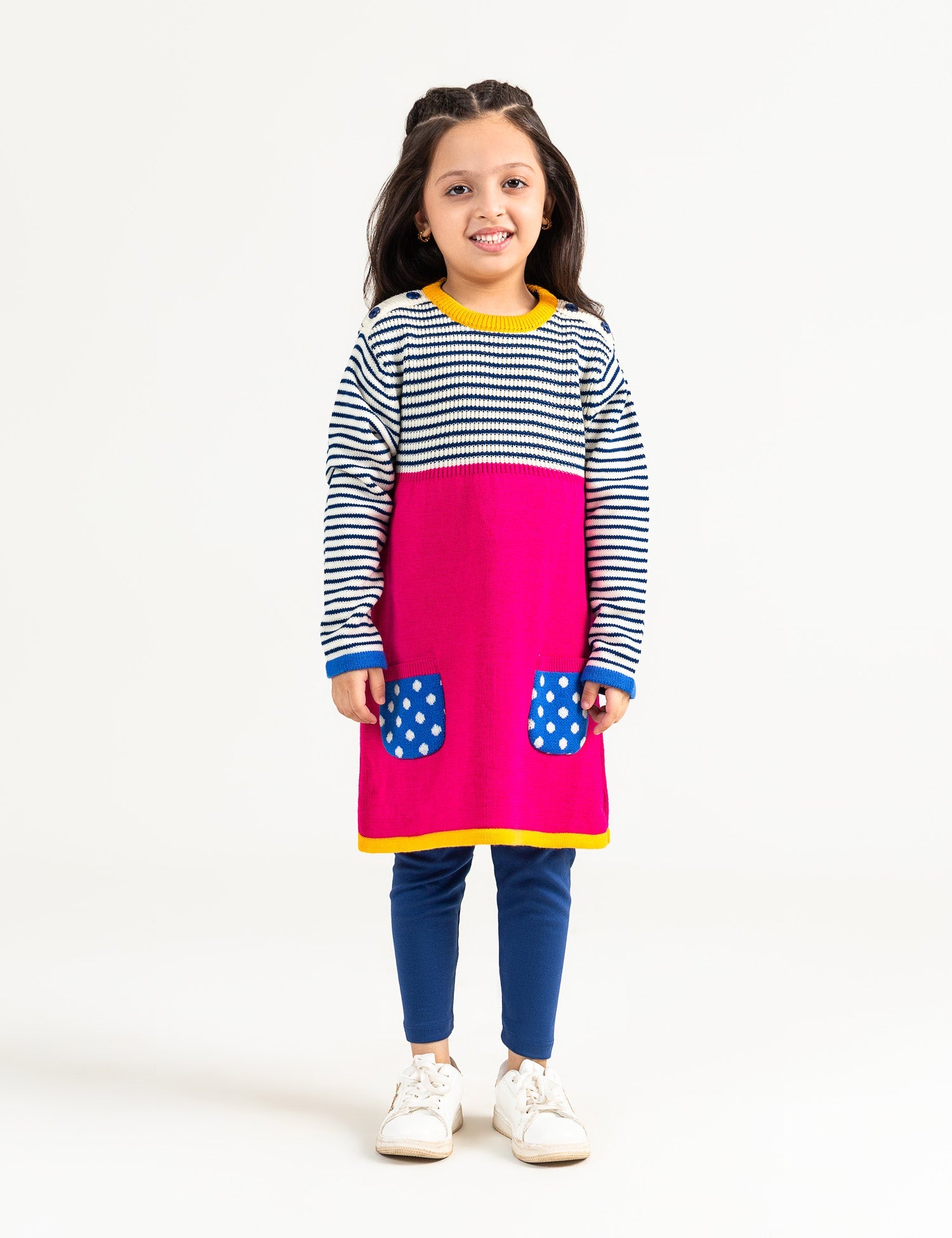 Color Block Sweater Dress With Polka Dots Pockets