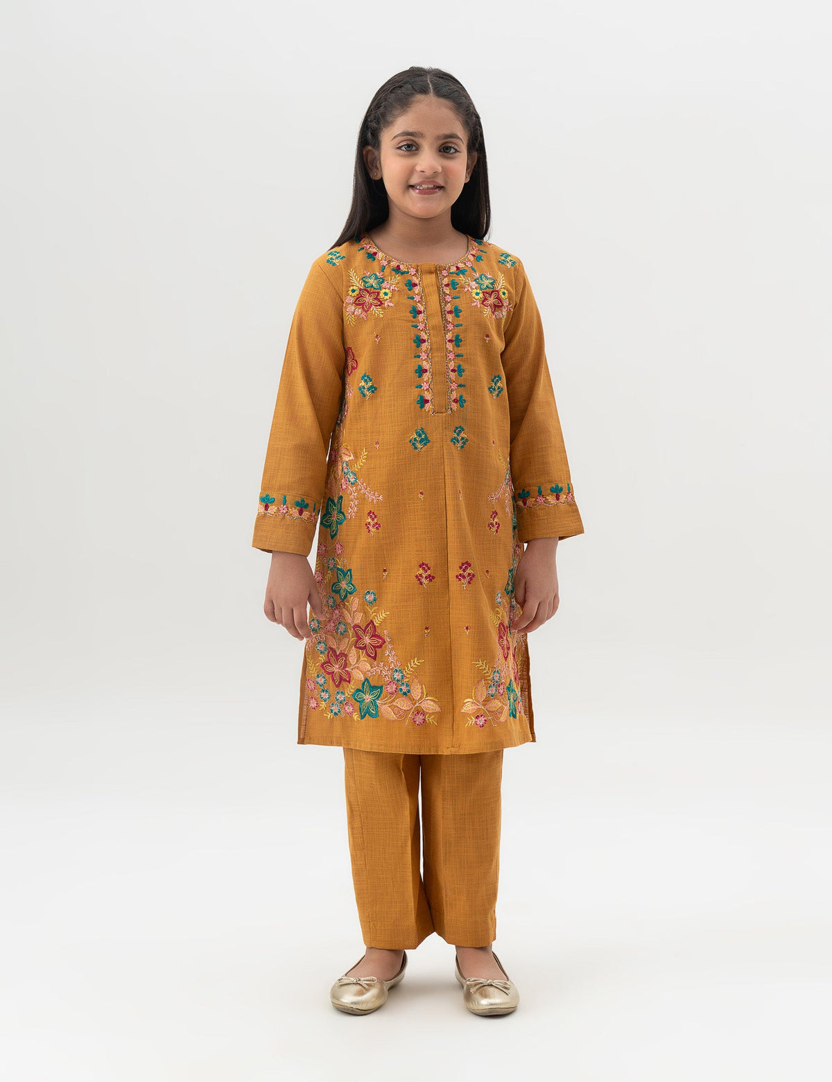 2 PIECE FLORAL EMBROIDERED SUIT - BK22601GEWS29512-MUSTARD-185709-3-4Y