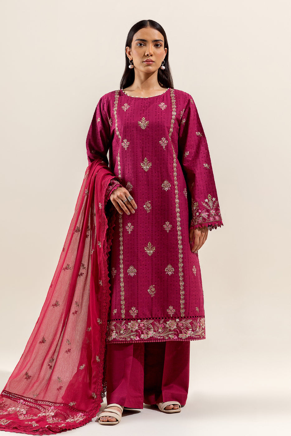 3 Piece Embroidered Lawn Suit-Carmine Quartz (Unstitched)