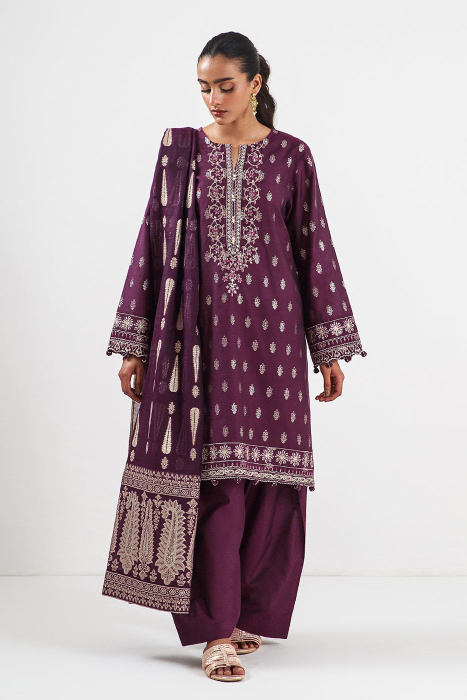 3 Piece Embroidered Jacquard Suit-Plum Sequin (Unstitched)