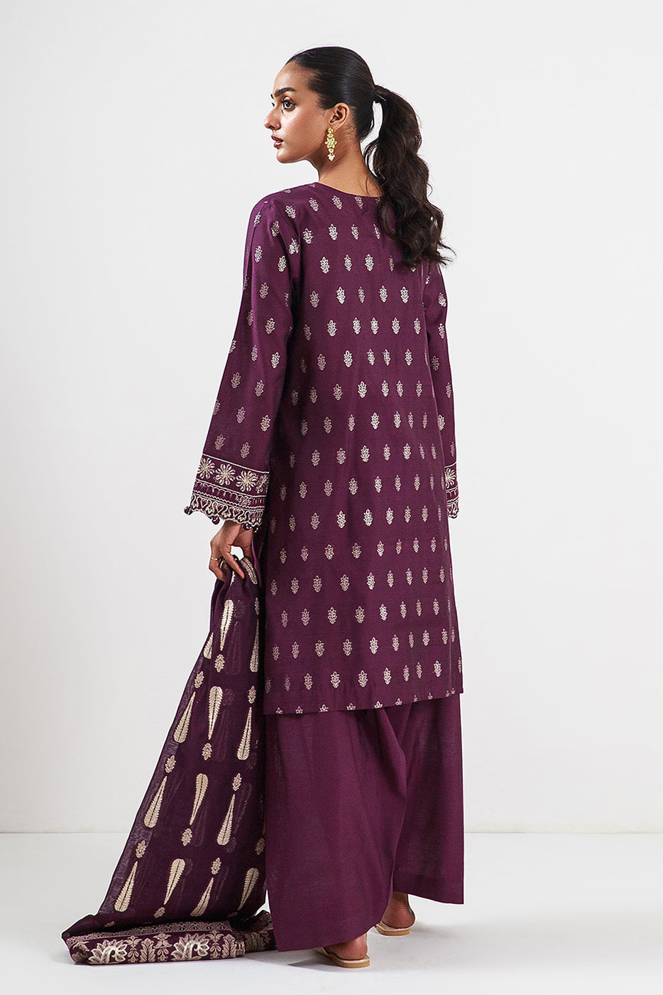 3 Piece Embroidered Jacquard Suit-Plum Sequin (Unstitched)