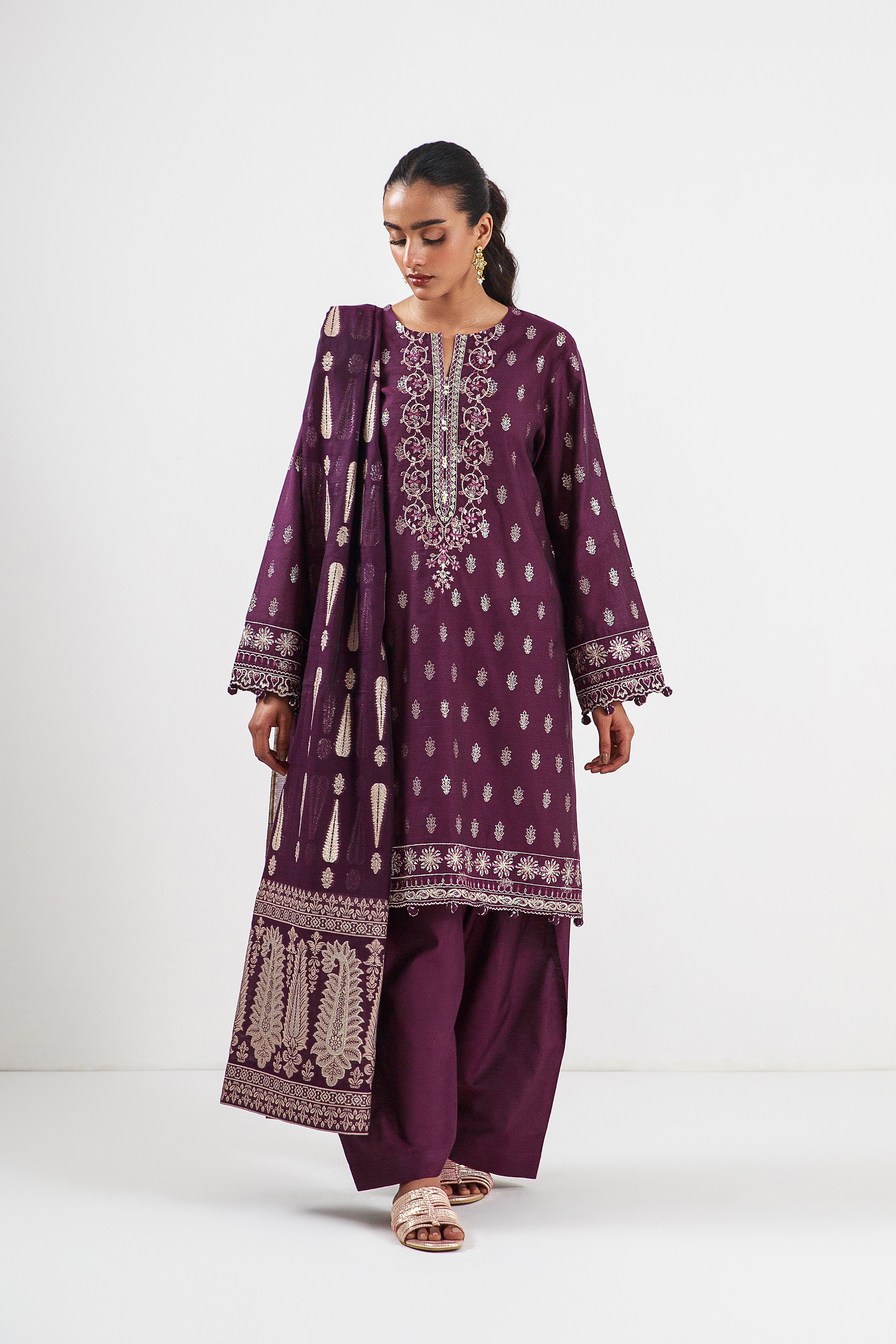 3 Piece Embroidered Jacquard Suit-Plum Sequin (Unstitched)