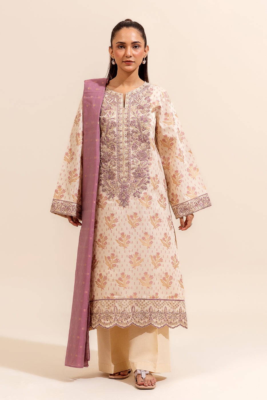 3 PIECE EMBROIDERED JACQUARD SUIT-HEATHER FIELDS (UNSTITCHED)
