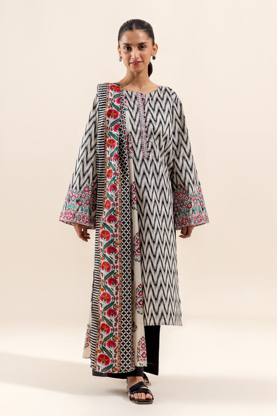 3 Piece Embroidered Lawn Suit-Ikat Mesh (Unstitched)