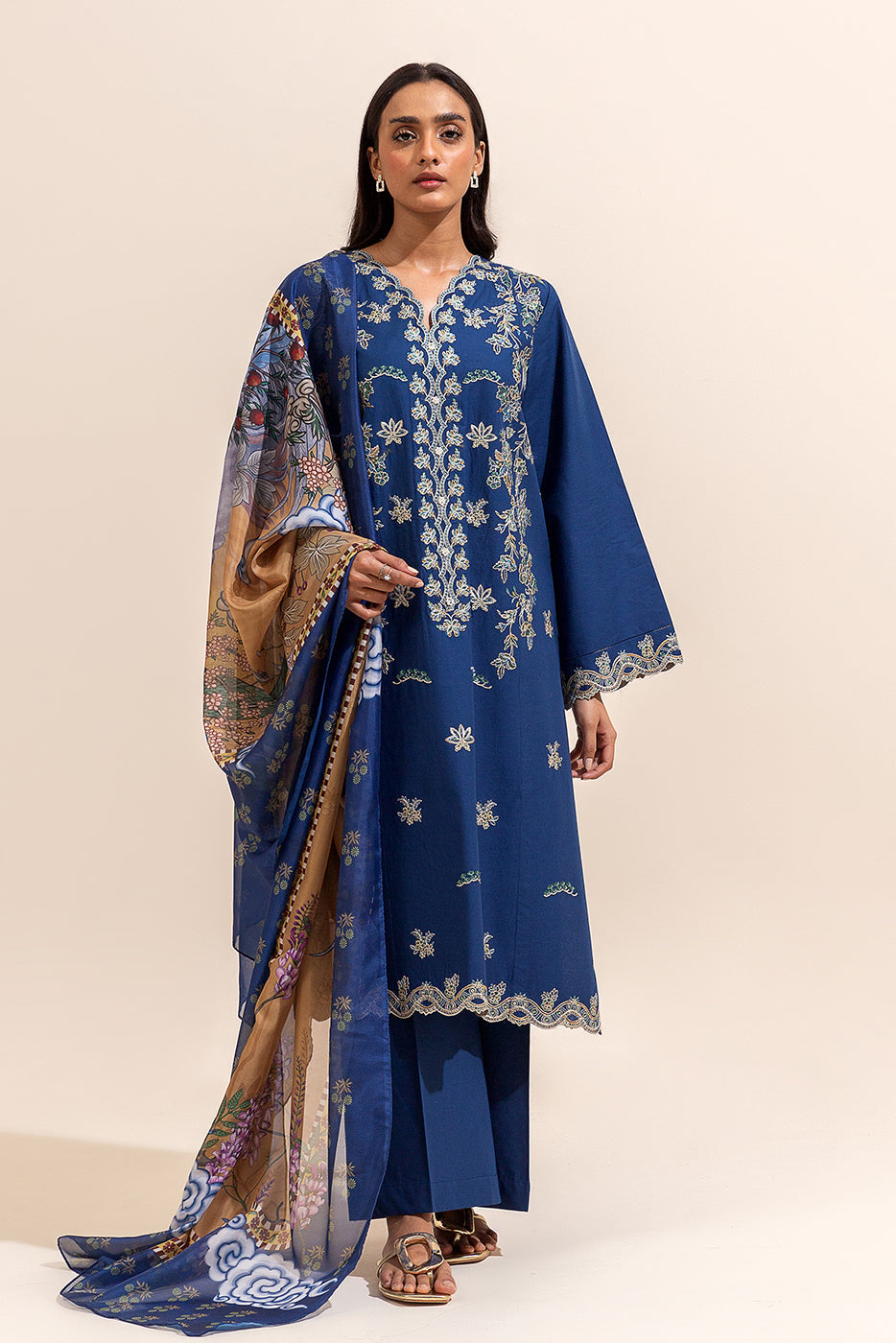 3 Piece Embroidered Lawn Suit-Navy Meadow (Unstitched)