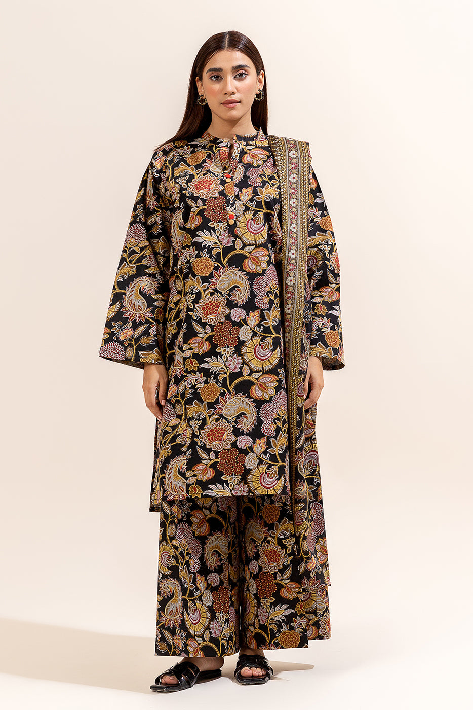3 Piece Printed Lawn Suit-Ethnic Ink (Unstitched)