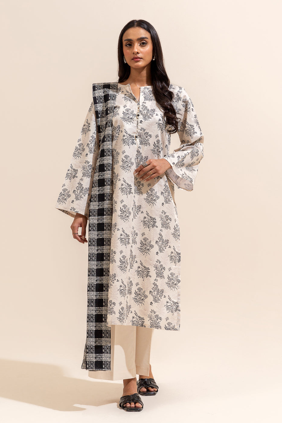 3 PIECE PRINTED LAWN SUIT-RAVEN BEIGE (UNSTITCHED)