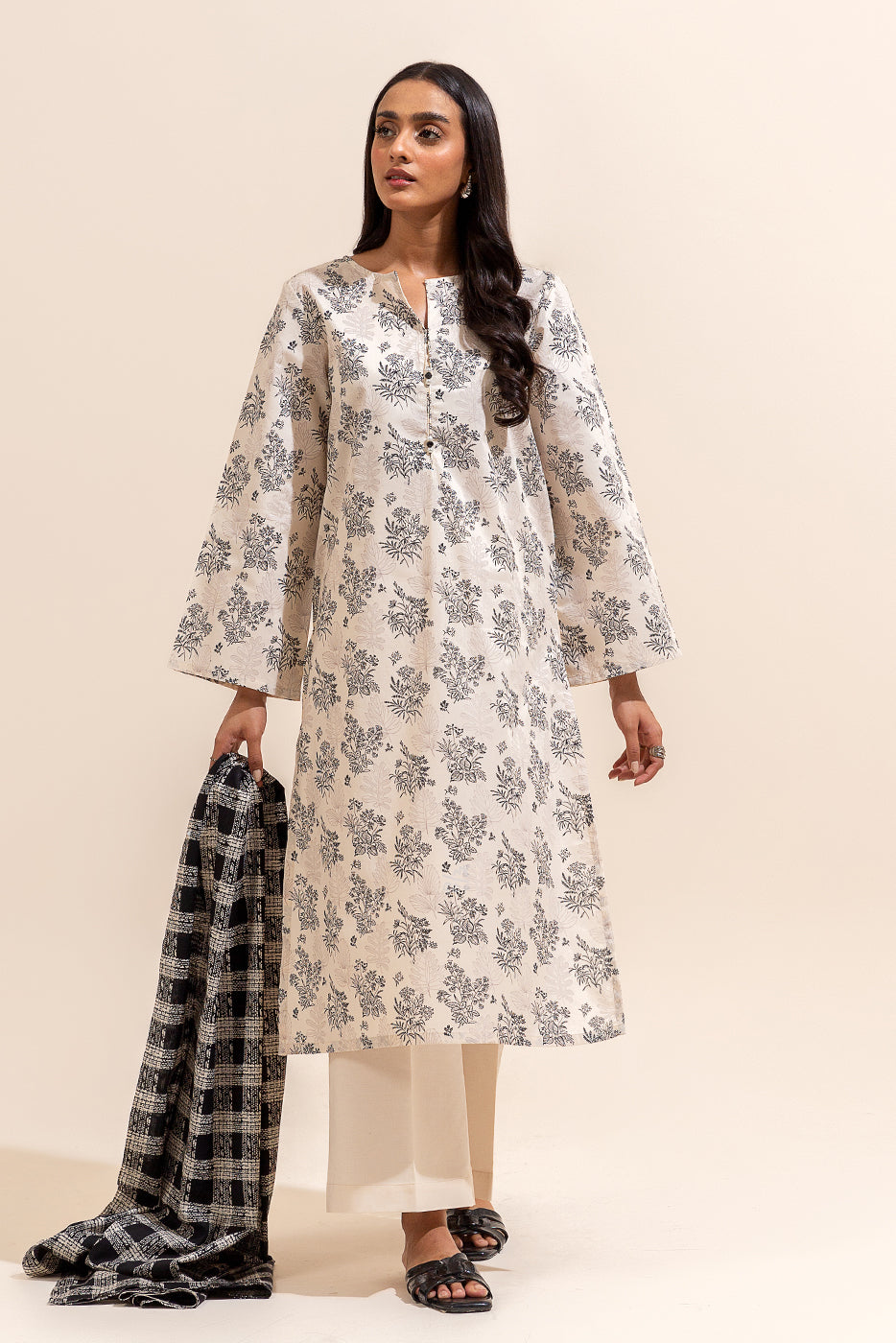 3 PIECE PRINTED LAWN SUIT-RAVEN BEIGE (UNSTITCHED)