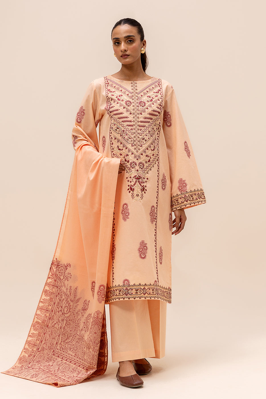 3 Piece Embroidered Jacquard Suit-Salmon Bliss (Unstitched)