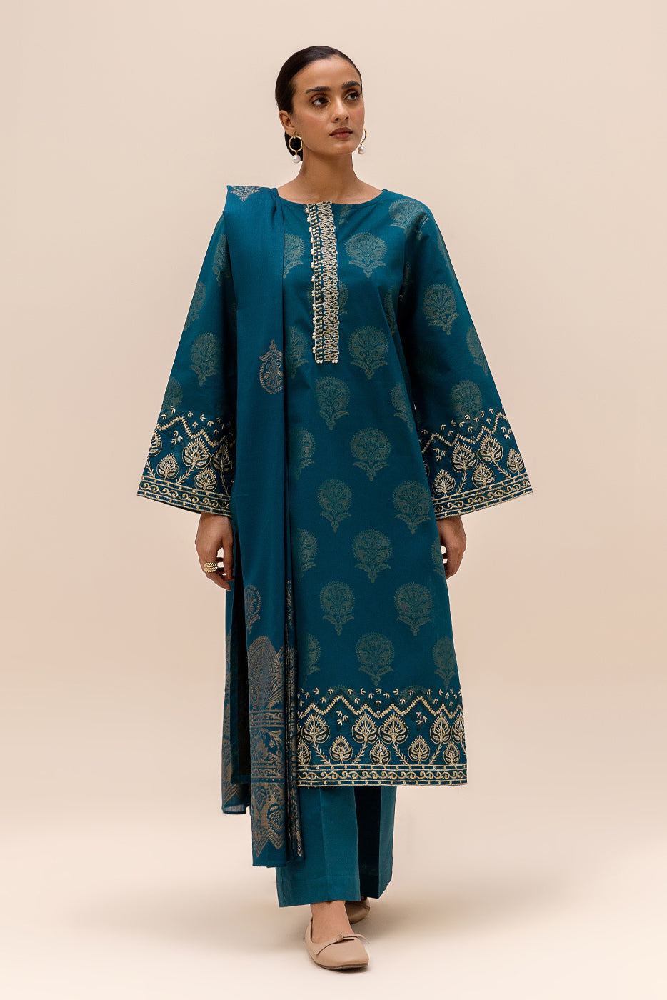 3 Piece Embroidered Jacquard Suit-Midnight Leaf (Unstitched)