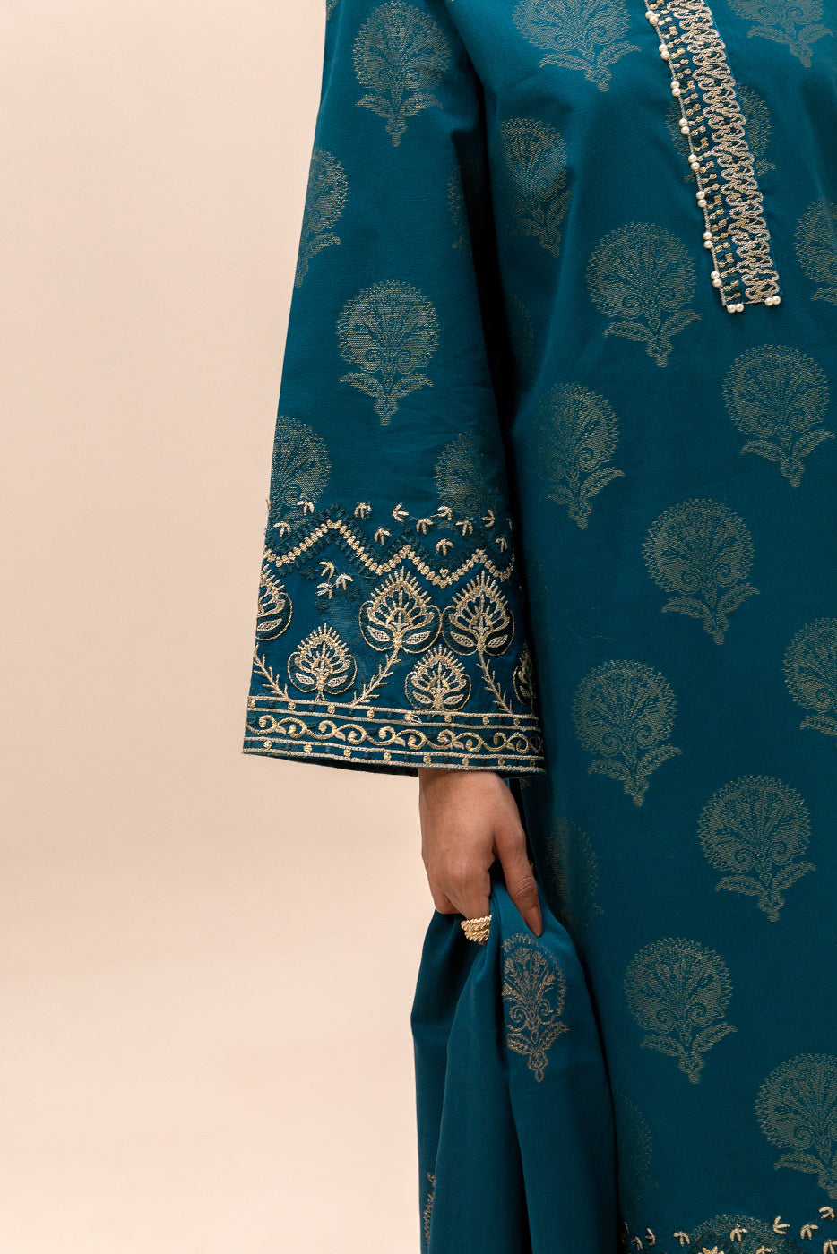 3 Piece Embroidered Jacquard Suit-Midnight Leaf (Unstitched)