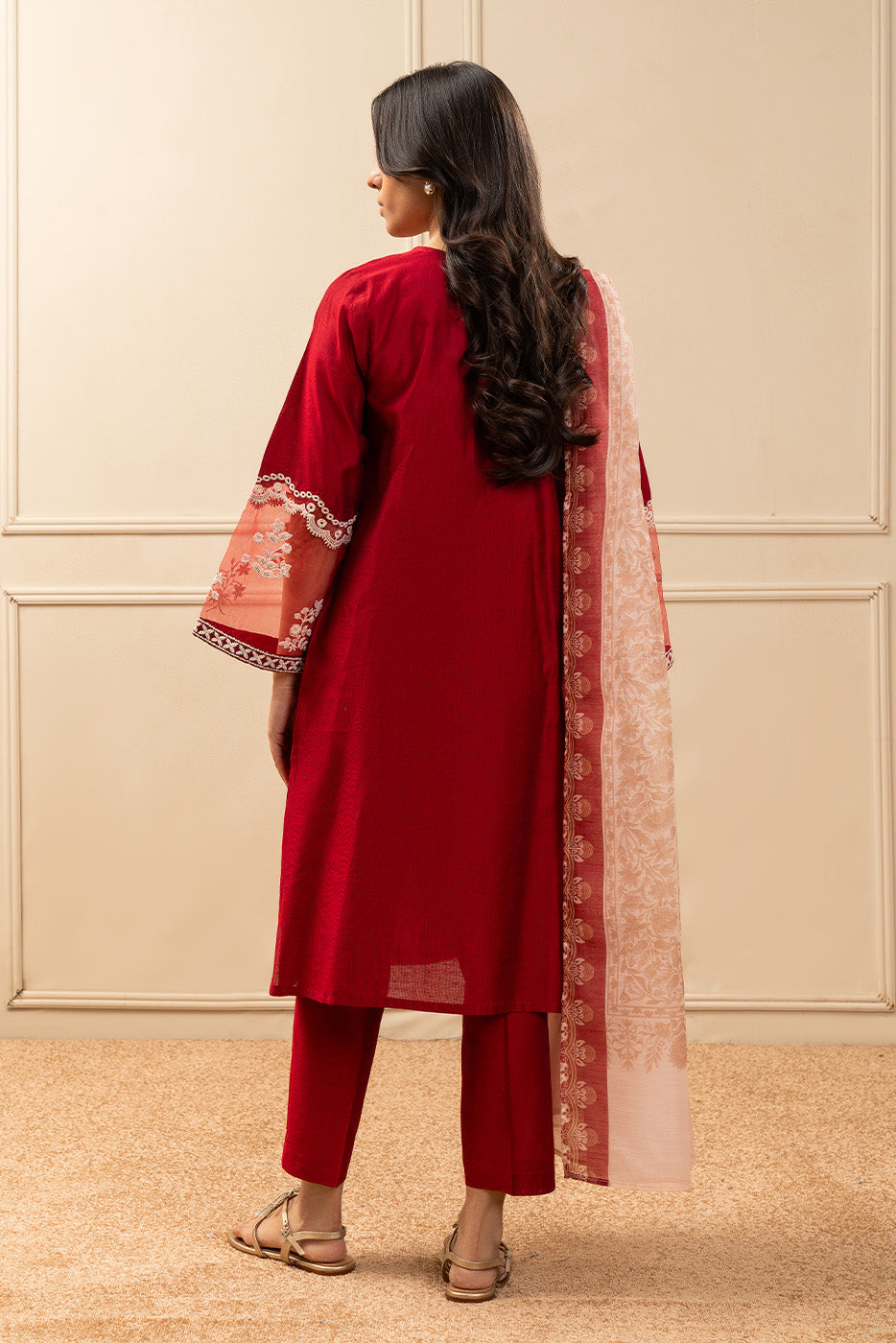 3 PIECE EMBROIDERED TWO TONE SUIT (PRET)BT1250003PR0208-RED-2000000281395-8